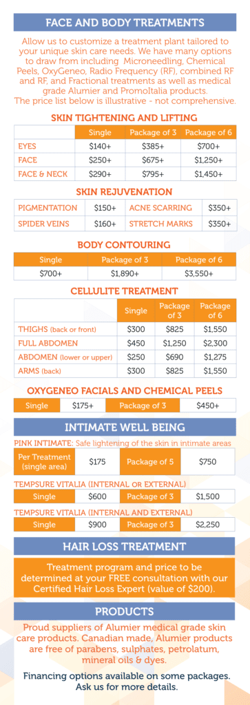 Price list face and body treatment Tropicalaser
